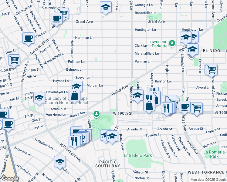 map of restaurants, bars, coffee shops, grocery stores, and more near 2019 Havemeyer Lane in Redondo Beach