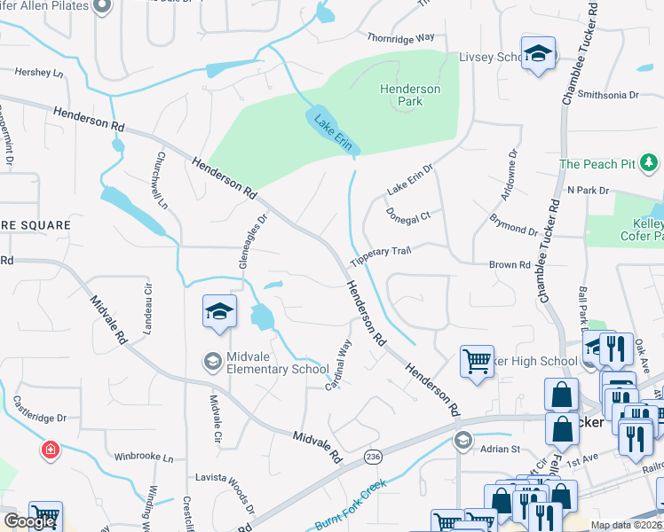 map of restaurants, bars, coffee shops, grocery stores, and more near 2618 Henderson Road in Tucker