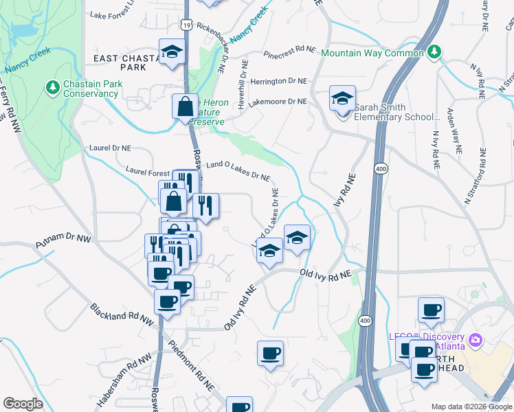 map of restaurants, bars, coffee shops, grocery stores, and more near 3915 Sheldon Drive Northeast in Atlanta
