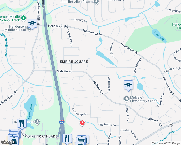 map of restaurants, bars, coffee shops, grocery stores, and more near 3602 Midvale Road in Tucker