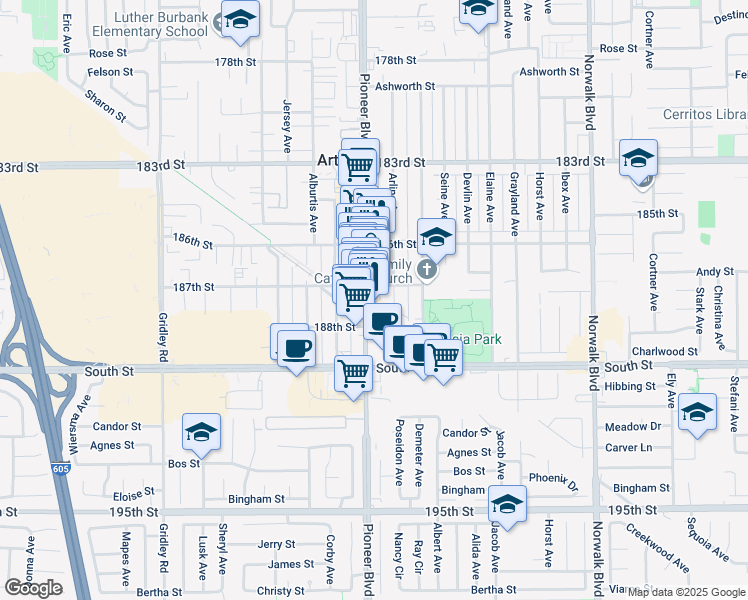 map of restaurants, bars, coffee shops, grocery stores, and more near 18702 Pioneer Boulevard in Artesia