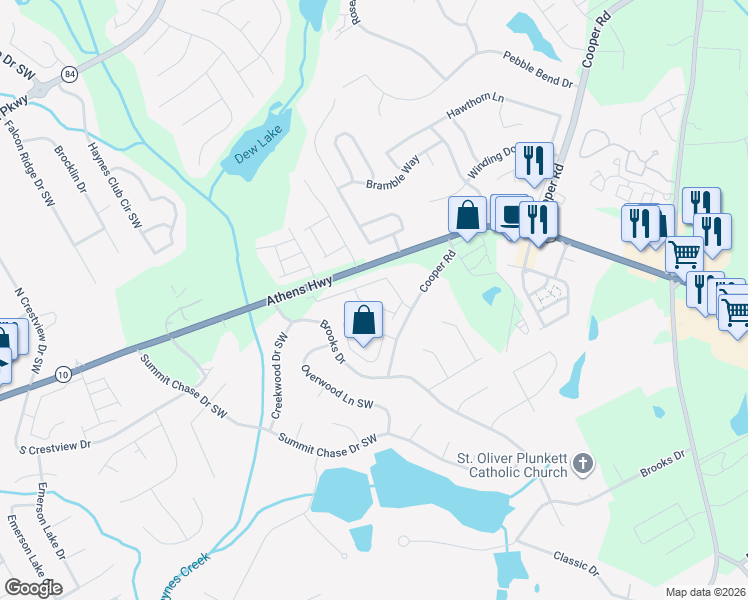 map of restaurants, bars, coffee shops, grocery stores, and more near 2927 Mell Rise Way in Snellville