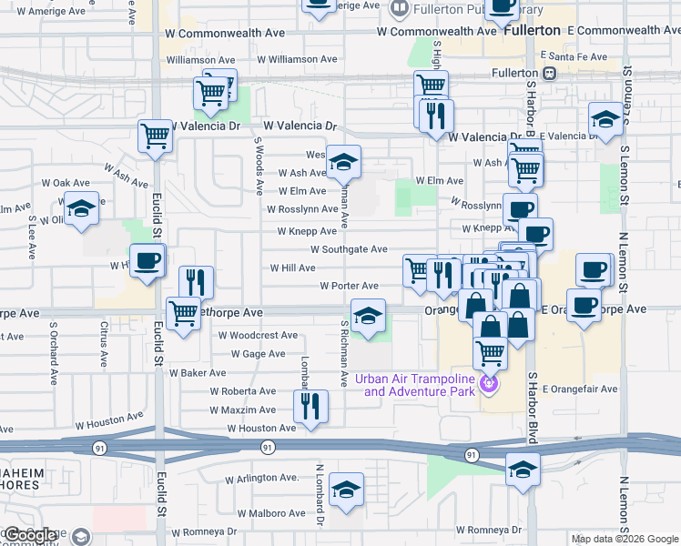 map of restaurants, bars, coffee shops, grocery stores, and more near 466 West Hill Avenue in Fullerton