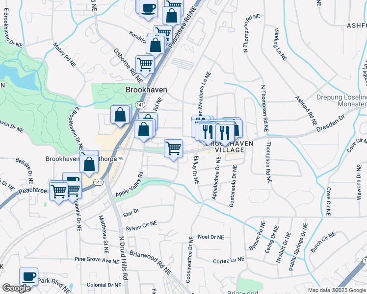 map of restaurants, bars, coffee shops, grocery stores, and more near 1350 Dresden Drive in Atlanta