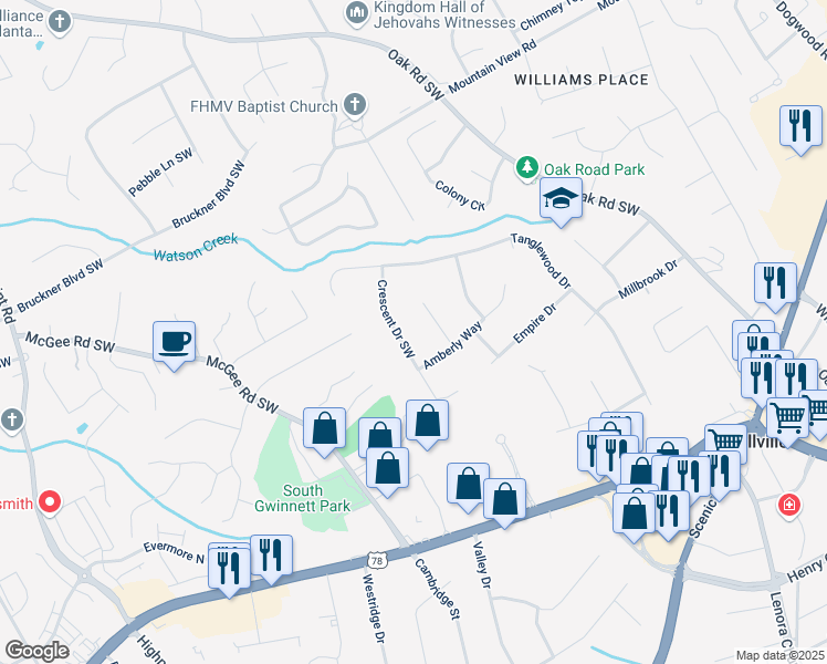 map of restaurants, bars, coffee shops, grocery stores, and more near 2006 Crescent Drive Southwest in Snellville