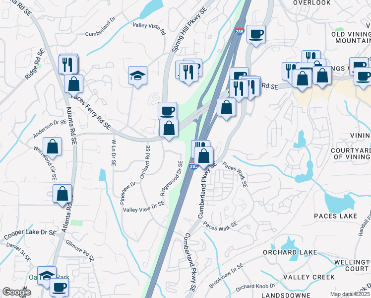 map of restaurants, bars, coffee shops, grocery stores, and more near 3821 Ridgewood Drive Southeast in Smyrna