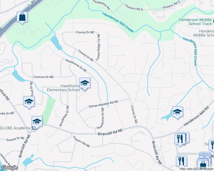 map of restaurants, bars, coffee shops, grocery stores, and more near 2924 Tall Pines Way Northeast in Atlanta