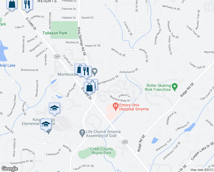 map of restaurants, bars, coffee shops, grocery stores, and more near 1295 South Lea Court Southeast in Smyrna