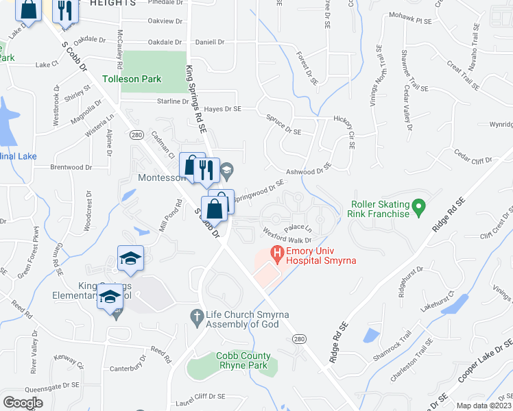 map of restaurants, bars, coffee shops, grocery stores, and more near 1295 S Lea Court Southeast in Smyrna