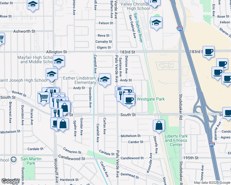 map of restaurants, bars, coffee shops, grocery stores, and more near 6347 Droxford Street in Lakewood