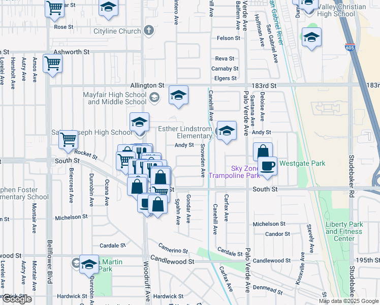 map of restaurants, bars, coffee shops, grocery stores, and more near 6109 Droxford Street in Lakewood