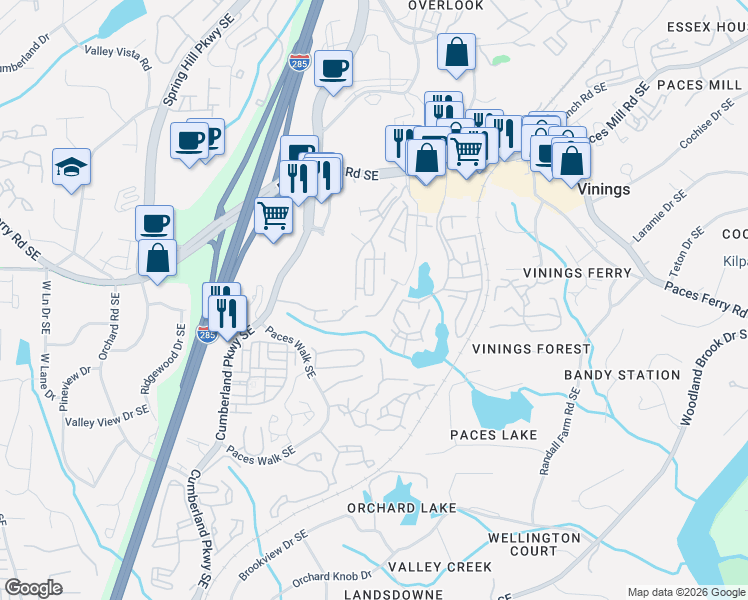 map of restaurants, bars, coffee shops, grocery stores, and more near 3805 Paces Lookout Circle Southeast in Atlanta