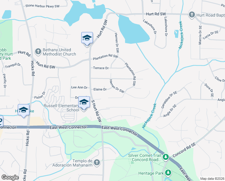 map of restaurants, bars, coffee shops, grocery stores, and more near 401 Elaine Drive in Smyrna