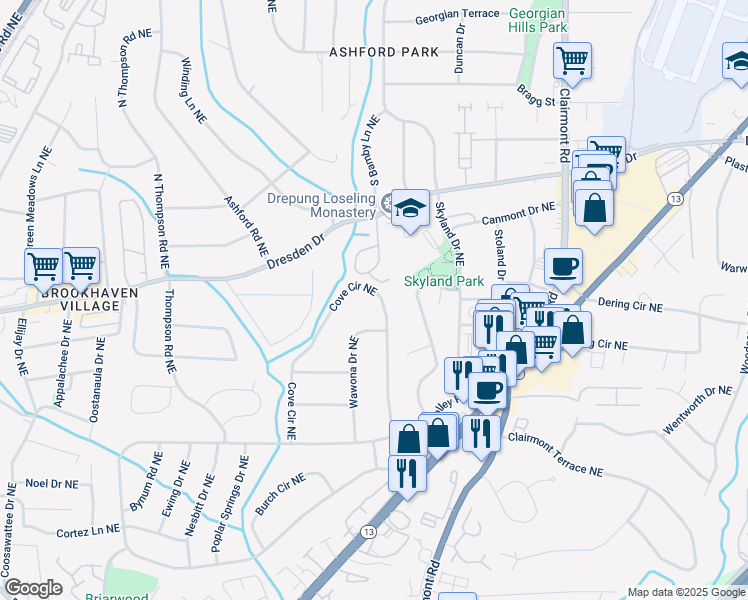 map of restaurants, bars, coffee shops, grocery stores, and more near 2617 Cove Circle Northeast in Atlanta