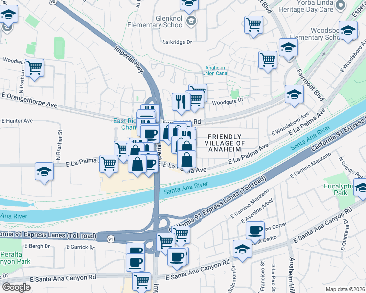 map of restaurants, bars, coffee shops, grocery stores, and more near 5755 East La Palma Avenue in Anaheim