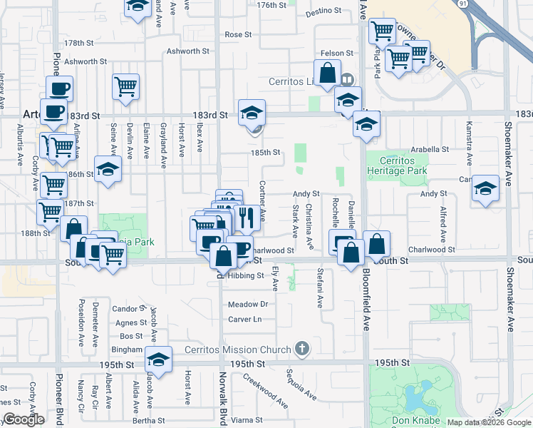 map of restaurants, bars, coffee shops, grocery stores, and more near 12336 Droxford Circle in Cerritos