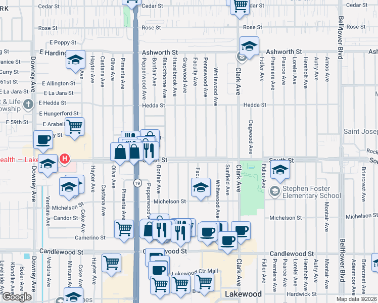 map of restaurants, bars, coffee shops, grocery stores, and more near 5812 Graywood Avenue in Lakewood