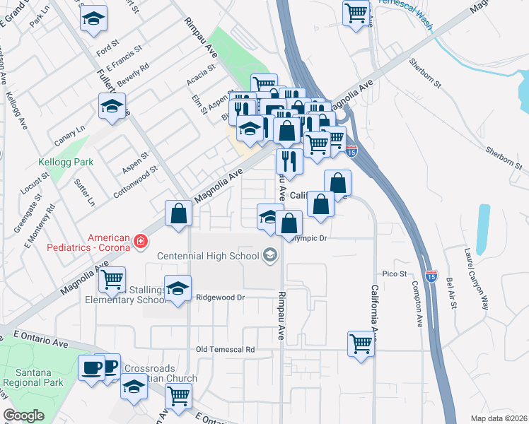 map of restaurants, bars, coffee shops, grocery stores, and more near 1550 Rimpau Avenue in Corona