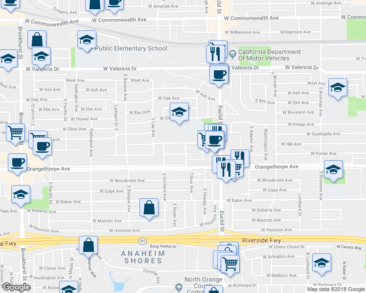 map of restaurants, bars, coffee shops, grocery stores, and more near 1130 West Hill Avenue in Fullerton