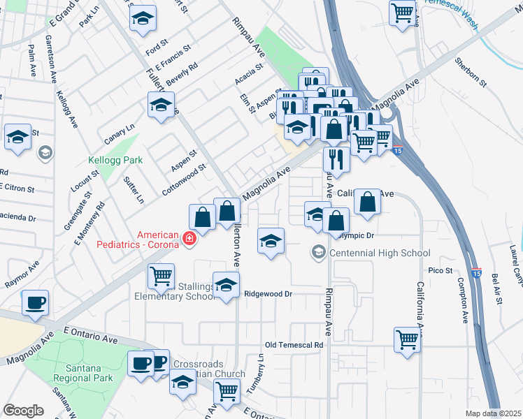 map of restaurants, bars, coffee shops, grocery stores, and more near 1761 Forum Way in Corona
