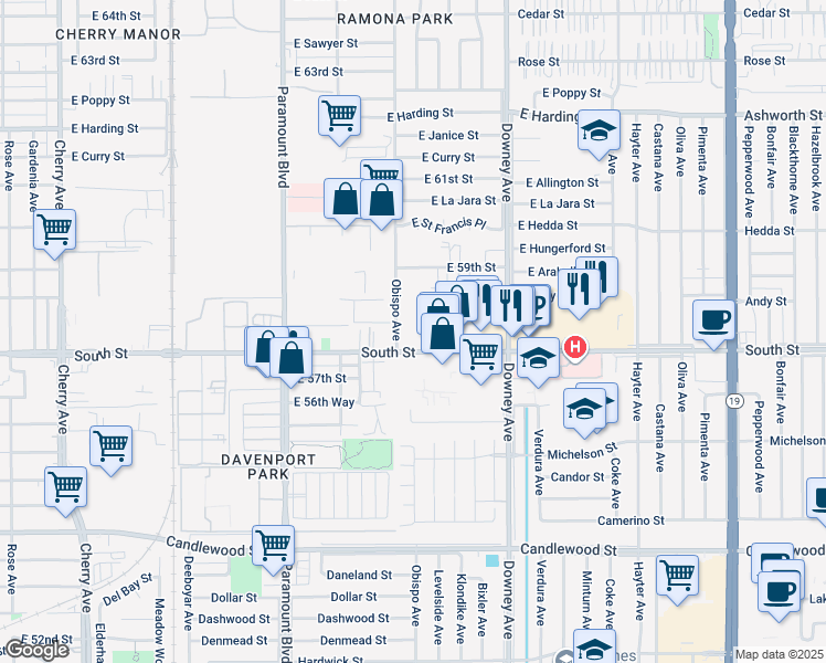 map of restaurants, bars, coffee shops, grocery stores, and more near 3117 East South Street in Long Beach