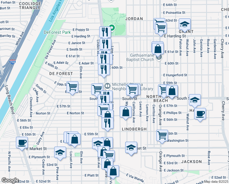 map of restaurants, bars, coffee shops, grocery stores, and more near 5840 Lime Avenue in Long Beach