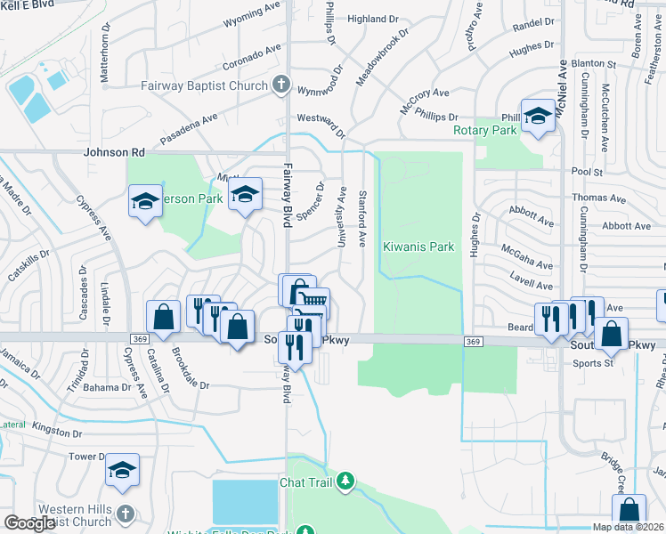 map of restaurants, bars, coffee shops, grocery stores, and more near 4648 University Avenue in Wichita Falls