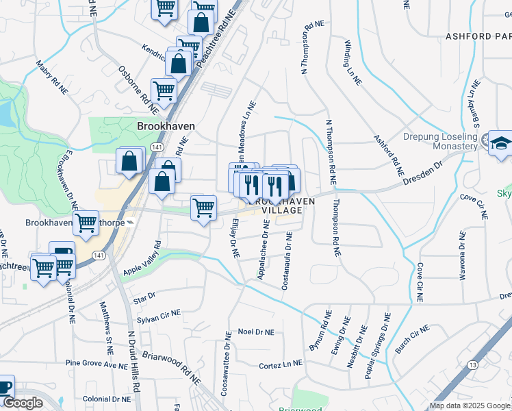 map of restaurants, bars, coffee shops, grocery stores, and more near 130 Dresden Drive Northeast in Atlanta