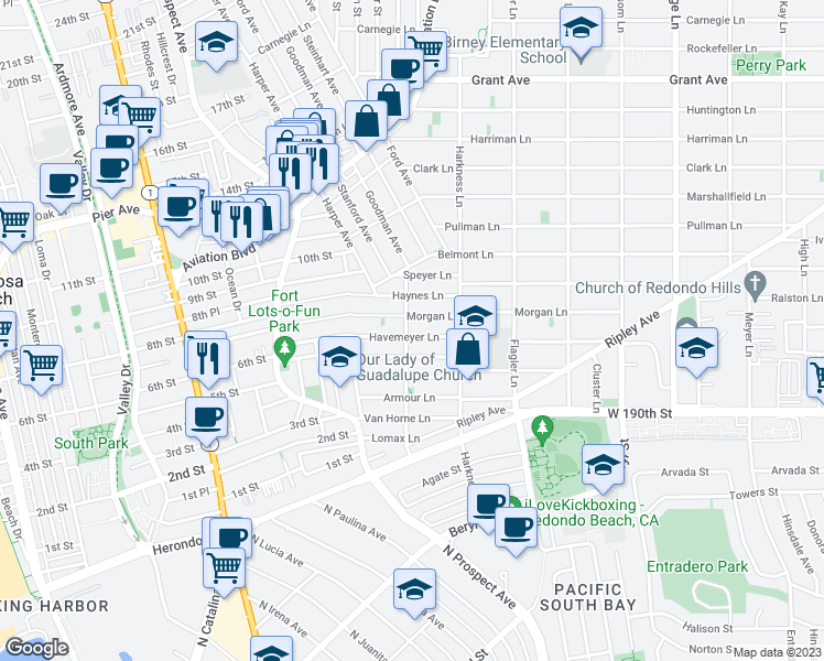 map of restaurants, bars, coffee shops, grocery stores, and more near 1705 Havemeyer Lane in Redondo Beach