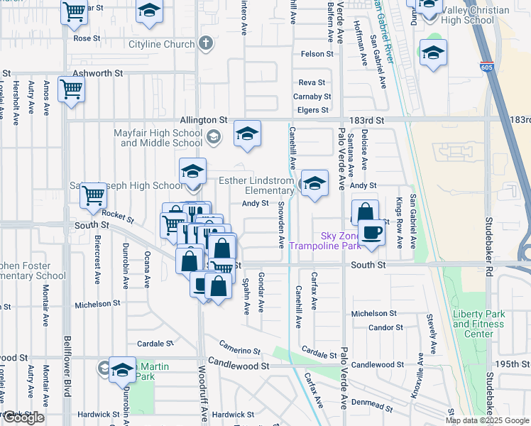 map of restaurants, bars, coffee shops, grocery stores, and more near 6109 Droxford Street in Lakewood