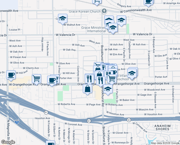 map of restaurants, bars, coffee shops, grocery stores, and more near 1840 West Southgate Avenue in Fullerton