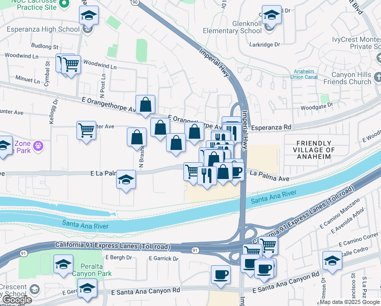 map of restaurants, bars, coffee shops, grocery stores, and more near 5515 East La Palma Avenue in Anaheim