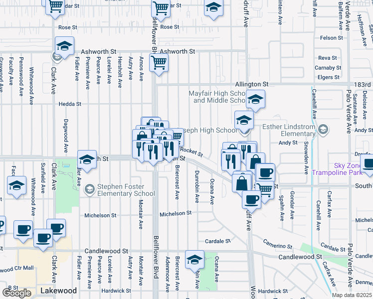 map of restaurants, bars, coffee shops, grocery stores, and more near Rocket Street in Lakewood