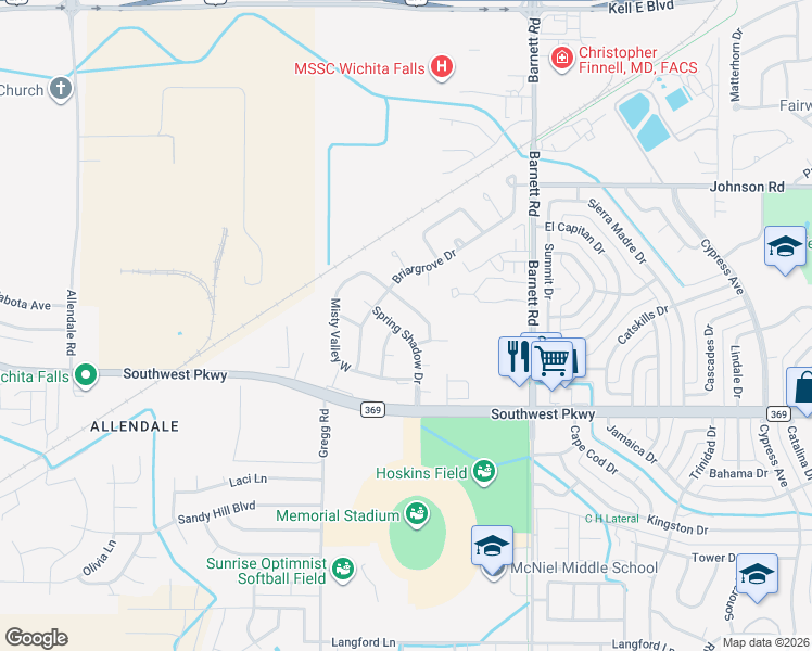 map of restaurants, bars, coffee shops, grocery stores, and more near 4611 Spring Shadow Drive in Wichita Falls