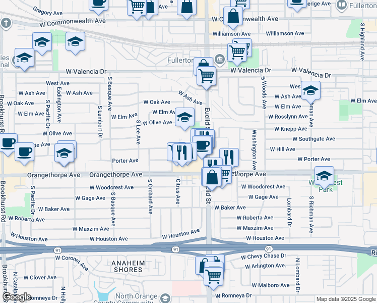 map of restaurants, bars, coffee shops, grocery stores, and more near 1042 West Hill Avenue in Fullerton