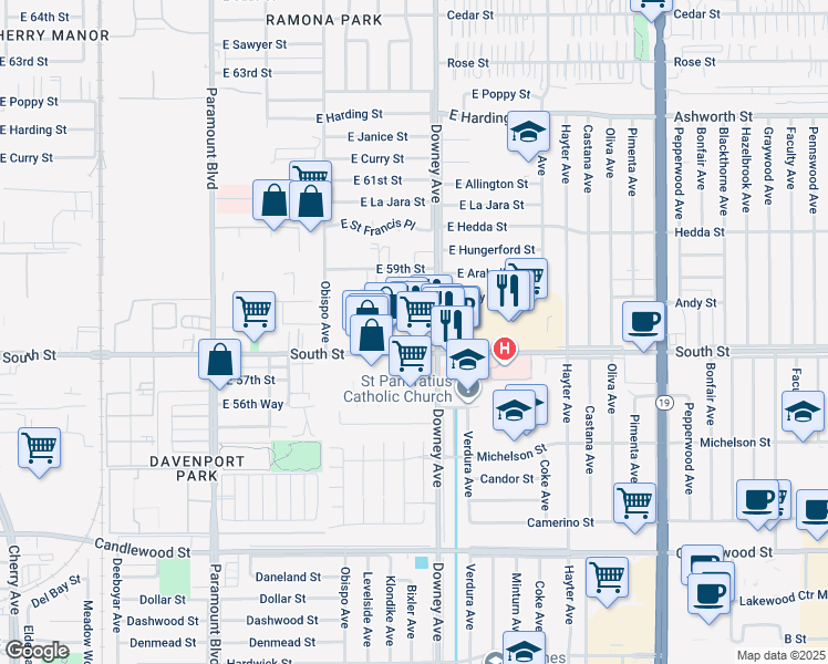 map of restaurants, bars, coffee shops, grocery stores, and more near 3321 South Street in Long Beach