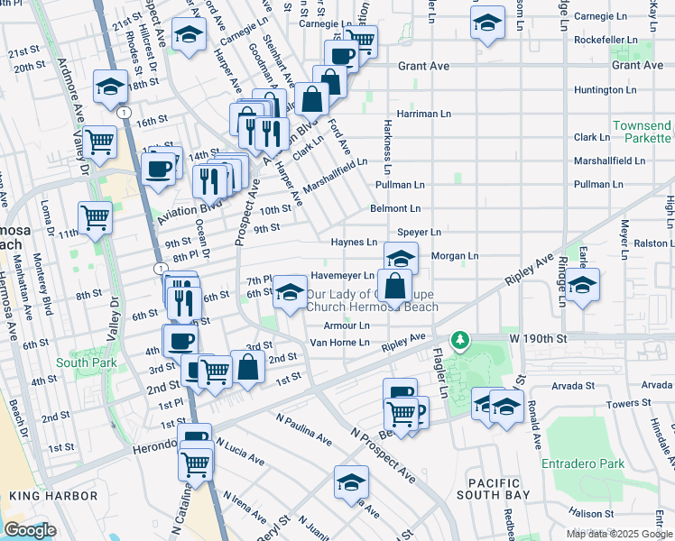 map of restaurants, bars, coffee shops, grocery stores, and more near 1705 Havemeyer Lane in Redondo Beach