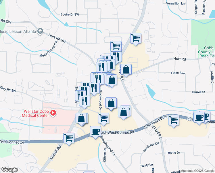 map of restaurants, bars, coffee shops, grocery stores, and more near 3753 Austell Road in Austell
