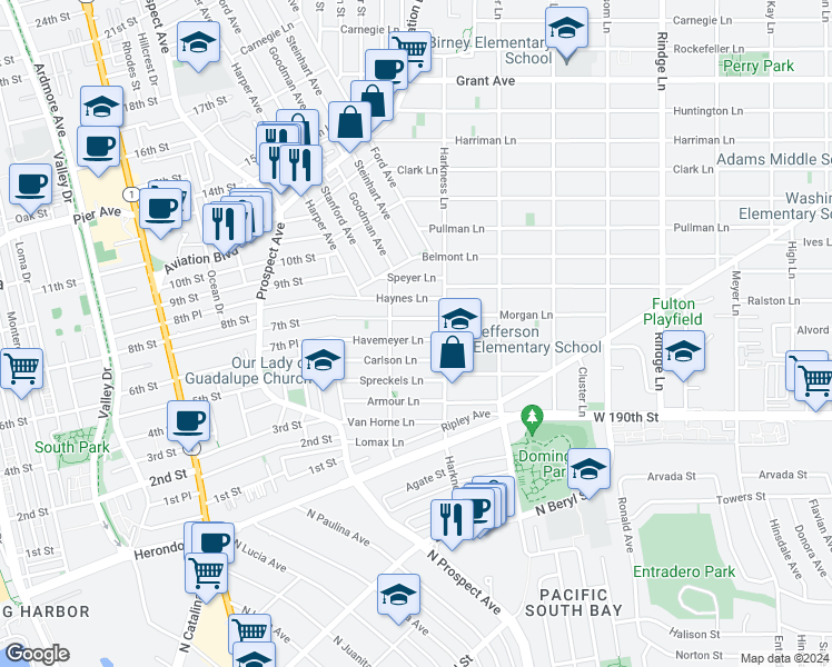 map of restaurants, bars, coffee shops, grocery stores, and more near 1723 Havemeyer Lane in Redondo Beach