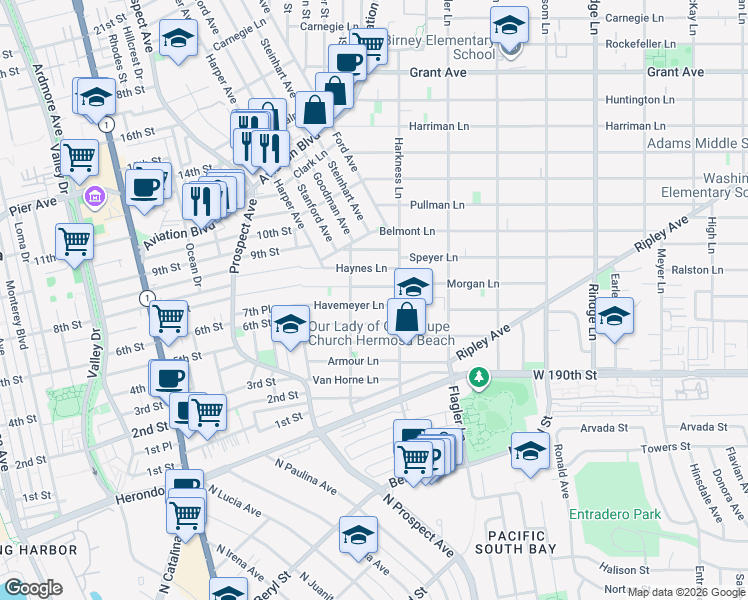 map of restaurants, bars, coffee shops, grocery stores, and more near 1723 Havemeyer Lane in Redondo Beach