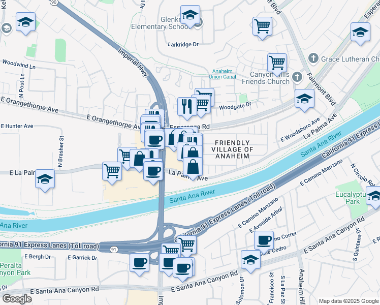 map of restaurants, bars, coffee shops, grocery stores, and more near 1265 North Chrisden Street in Anaheim