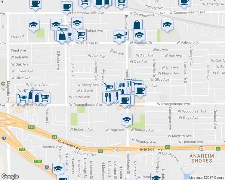 map of restaurants, bars, coffee shops, grocery stores, and more near 1836 West Southgate Avenue in Fullerton