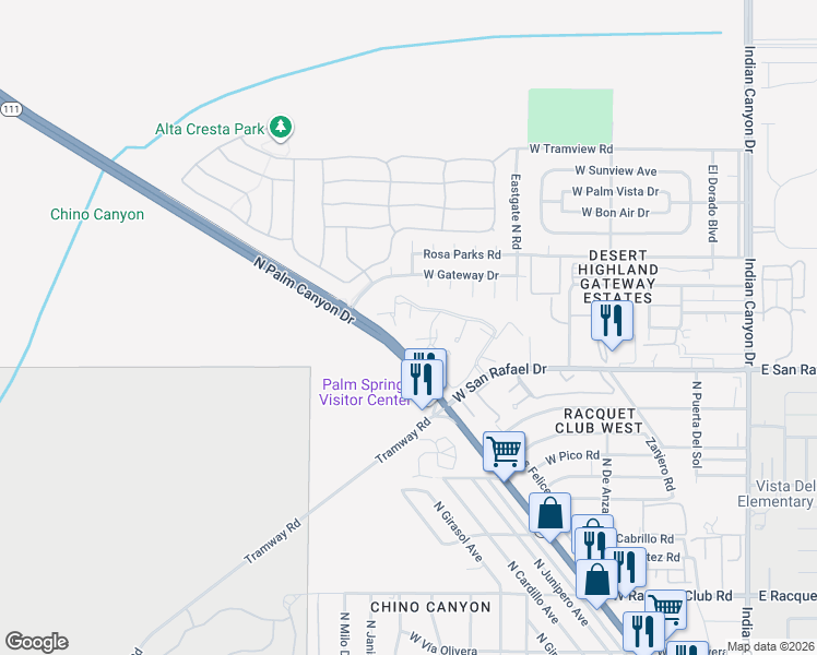 map of restaurants, bars, coffee shops, grocery stores, and more near 2821 Los Felices Circle North in Palm Springs