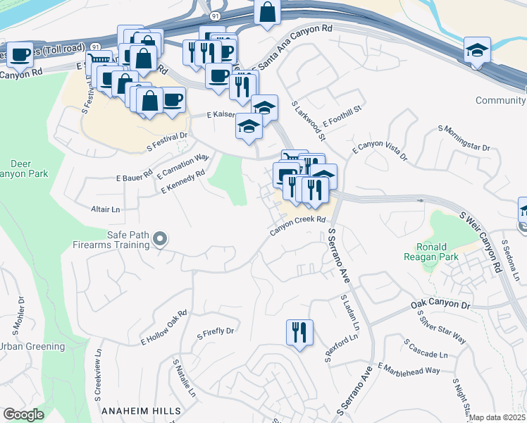 map of restaurants, bars, coffee shops, grocery stores, and more near 8018 East Snowberry Lane in Anaheim