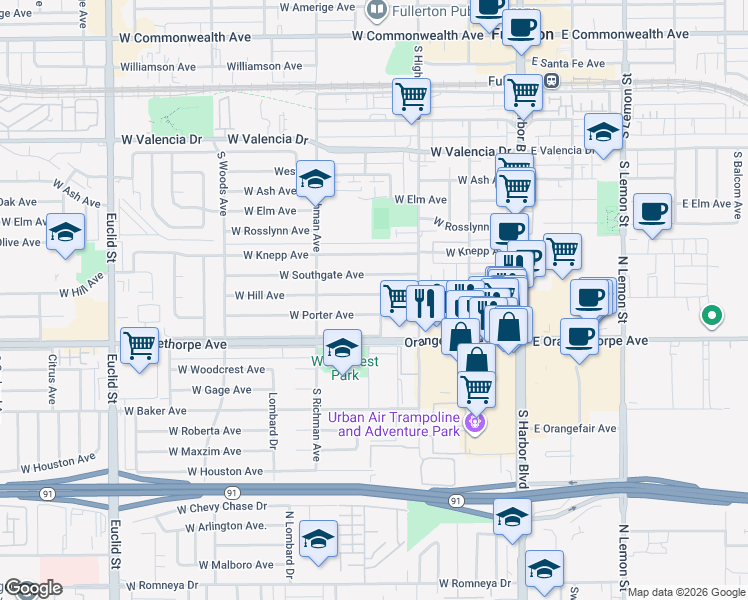 map of restaurants, bars, coffee shops, grocery stores, and more near 326 West Hill Avenue in Fullerton