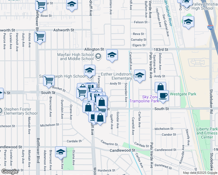 map of restaurants, bars, coffee shops, grocery stores, and more near 6022 Andy Street in Lakewood