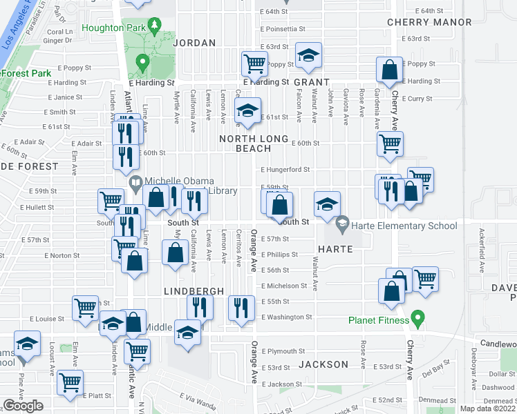 map of restaurants, bars, coffee shops, grocery stores, and more near 5847 Orange Avenue in Long Beach