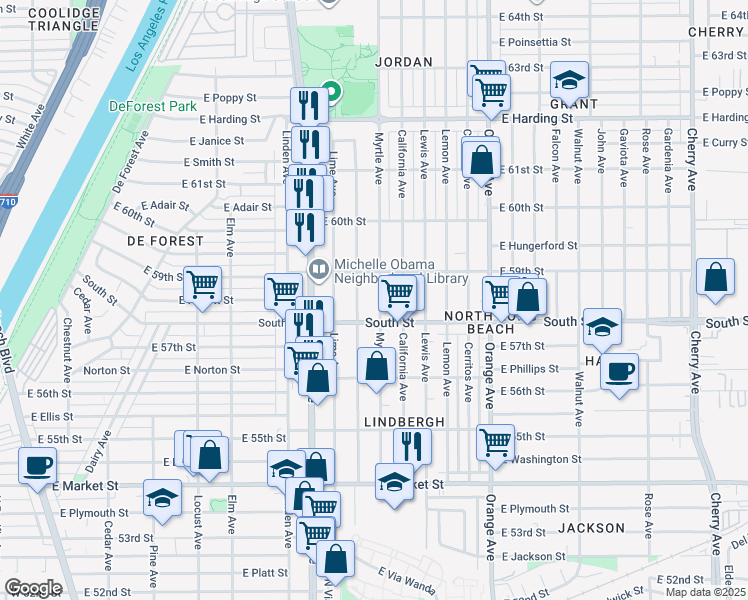 map of restaurants, bars, coffee shops, grocery stores, and more near 5842 Myrtle Avenue in Long Beach