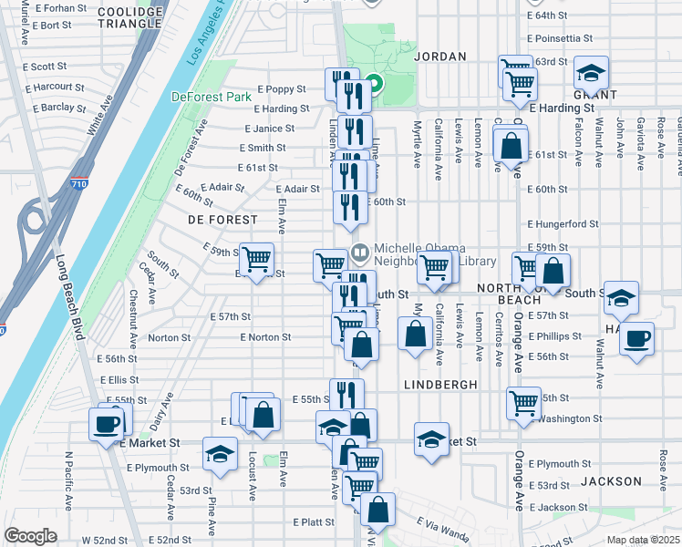 map of restaurants, bars, coffee shops, grocery stores, and more near 5845 Atlantic Avenue in Long Beach