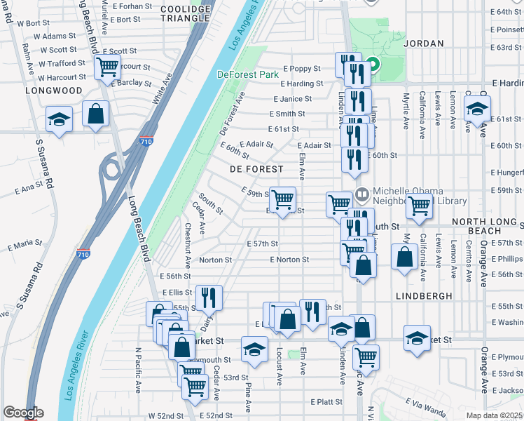 map of restaurants, bars, coffee shops, grocery stores, and more near 225 East Hullett Street in Long Beach